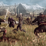 The_Witcher_3_Wild_Hunt_Geralt_fighting_multiple_opponents_in_a_village_in_Skellige